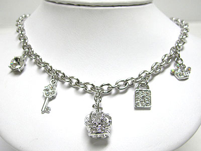 Made in korea whitegold plating crystal multi charm dangle necklace - crown key lock