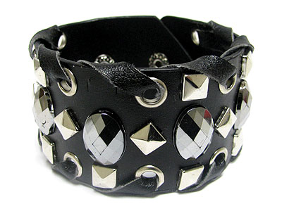 Metal and glass stone stud leather band bracelet