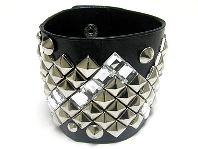 Metal and glass stone stud leather band bracelet