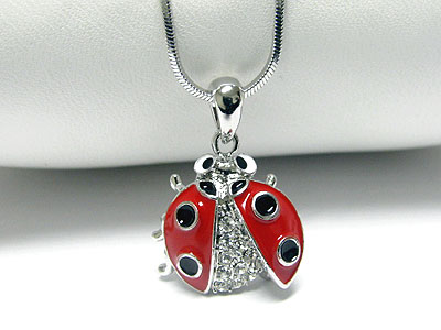 Made in korea whitegold plating crystal and epoxy small ladybug pendant necklace