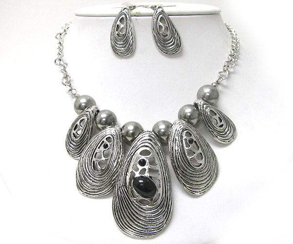 Stone deco metal art oval disk link necklace earring set
