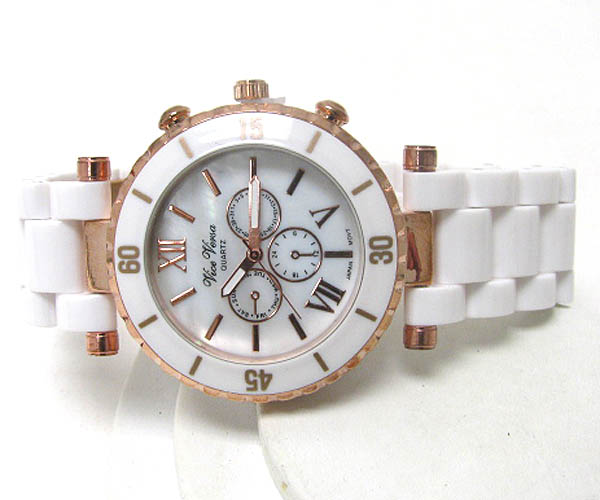 Mother of pearl face and acrylic band sport watch