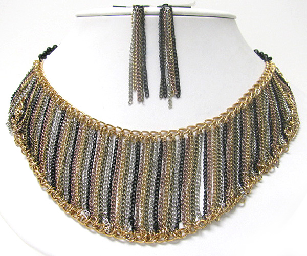 Multi chain link bib style necklace earring set