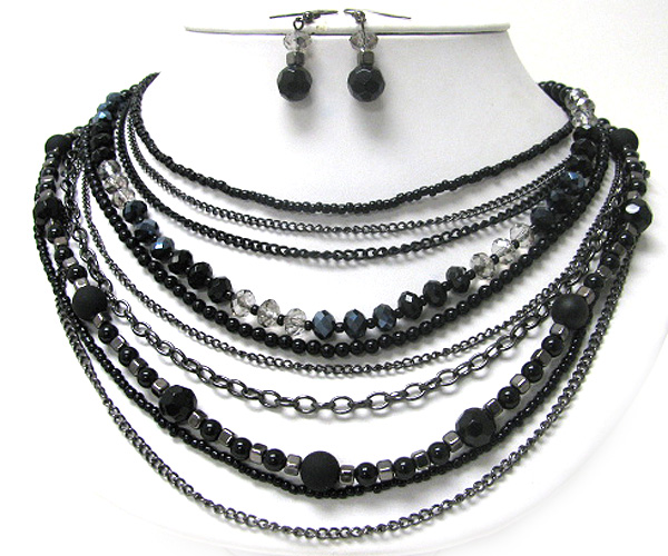 Multi layer glass stone beads and mixed metal chain necklace earring set