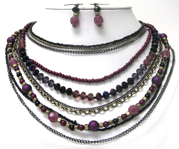Multi layer glass stone beads and mixed metal chain necklace earring set