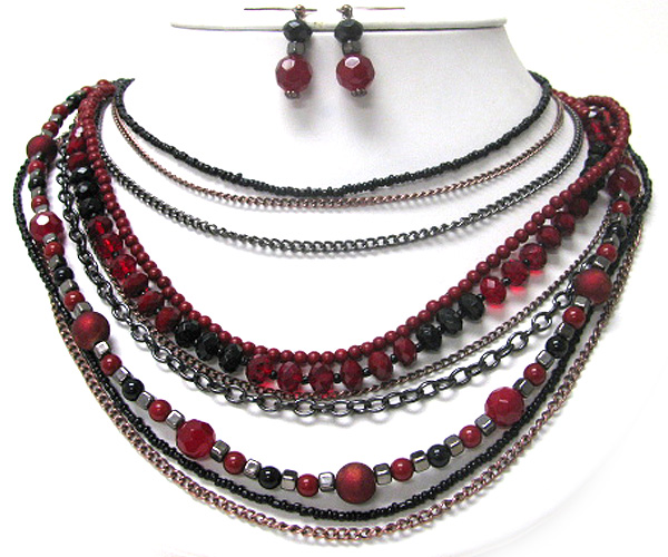 Multi layer glass stone beads and mixed metal chain necklace earring set