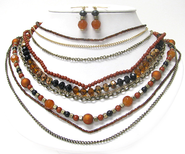 Multi layer glass stone beads and mixed metal chain necklace earring set