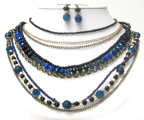 Multi layer glass stone beads and mixed metal chain necklace earring set