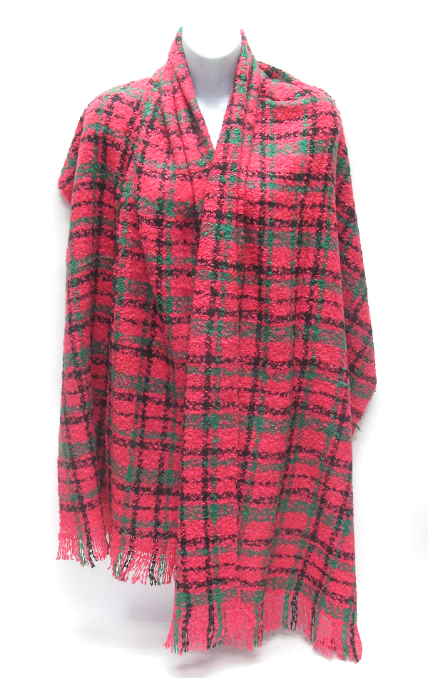 Fringe trim and plaid pattern blanket scarf