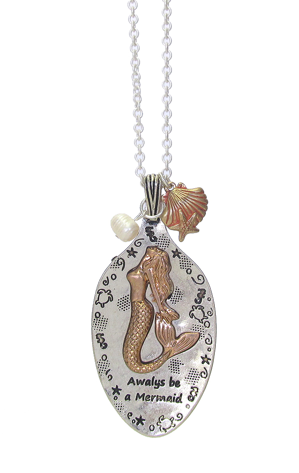 SPOON HEAD AND MERMAID PENDANT LONG CHAIN NECKLACE - ALWAYS BE A MERMAID