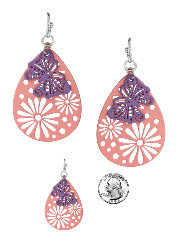 GARDEN THEME METAL FILIGREE TEARDROP EARRING - BUTTERFLY