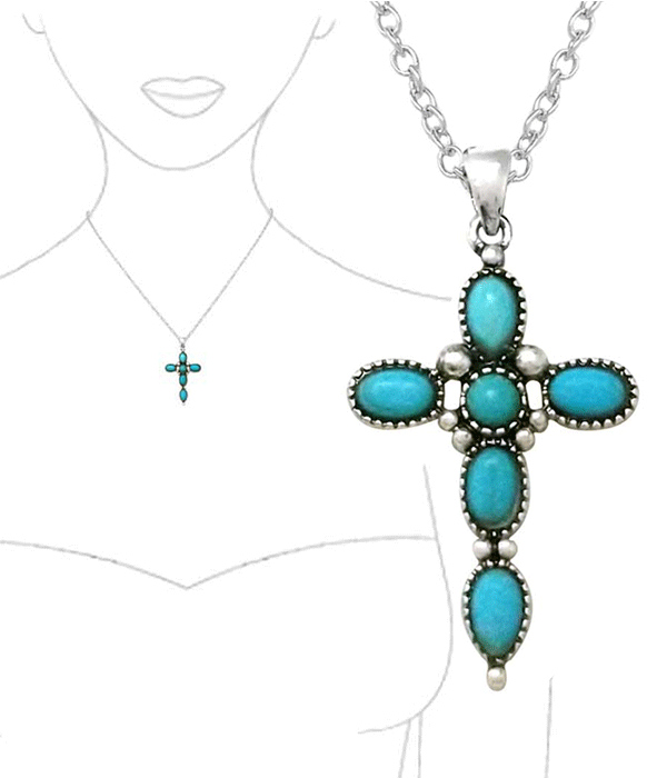 WESTERN THEME MULTI TURQUOISE CROSS PENDANT NECKLACE