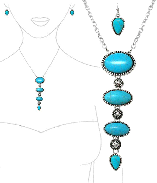 WESTERN THEME MULTI TURQUOISE DROP PENDANT NECKLACE SET