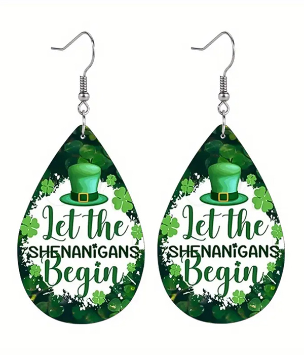 St patrick day theme teardrop leatherette earring