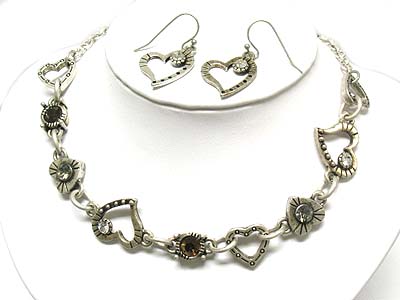 Crystal stud multi heart frame link necklace and earring set