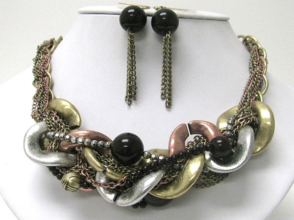 Mixed metal chain tangle necklace earring set