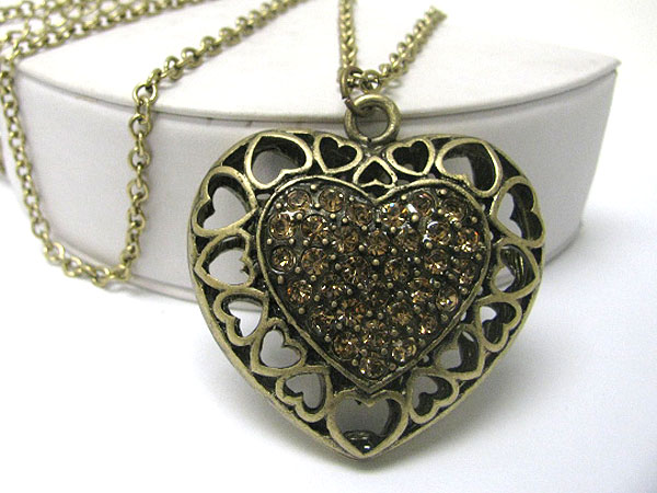 Crystal stud cut out burnish metal heart pendant long necklace