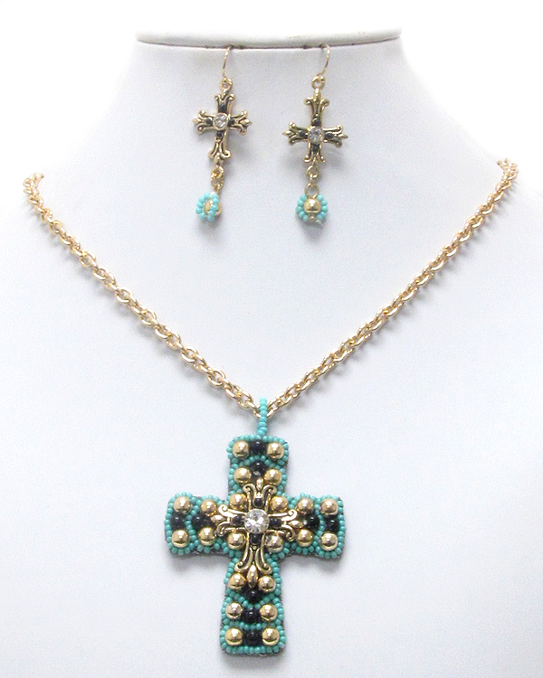 Handmade crystal center and pearl deco cross on leatherette back pendant necklace earring set