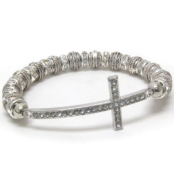 Crystal cross and rondelle and metal filigree ring link stretch bracelet