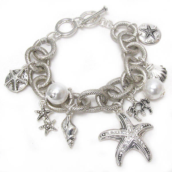Crystal deco multi starfish and sealife charm toggle bracelet
