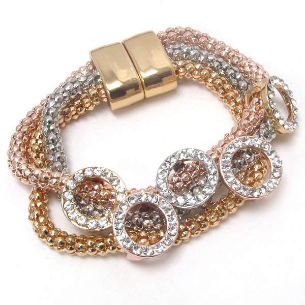 Crystal deco multi circle on triple tube chain and magnet close bracelet
