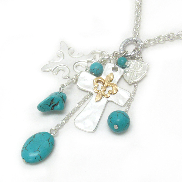 Fleur de lis and cross and turquoise drop mix necklace