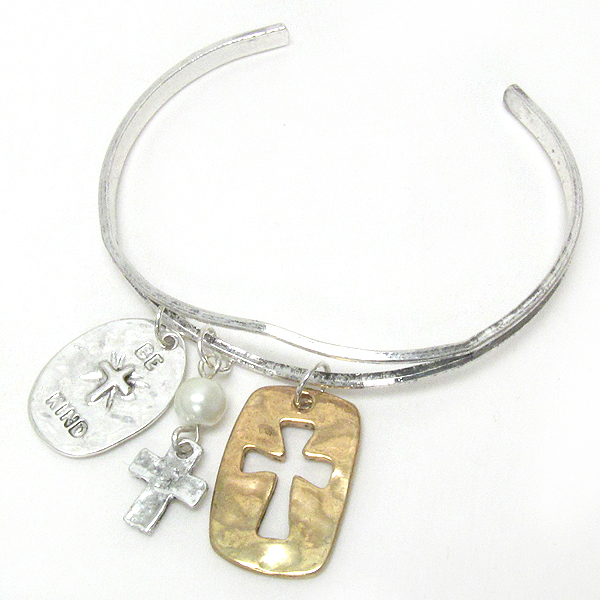 Hammered cross mix charm bangle bracelet