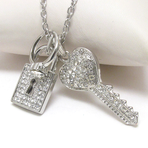 Premier electro plating crystal key lock and ring pendant necklace