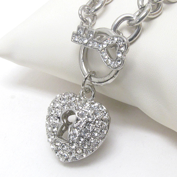 Premier electro plating crsytal puffy heart lock and key toggle chain necklace -valentine