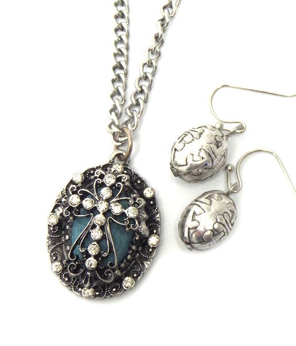 Cross pendant with stones necklace set