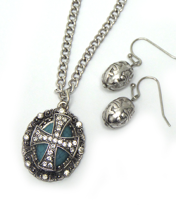 Cross pendant with stones necklace set 