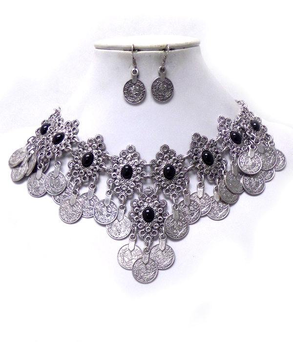 Metal linked coins drop with stones necklace set