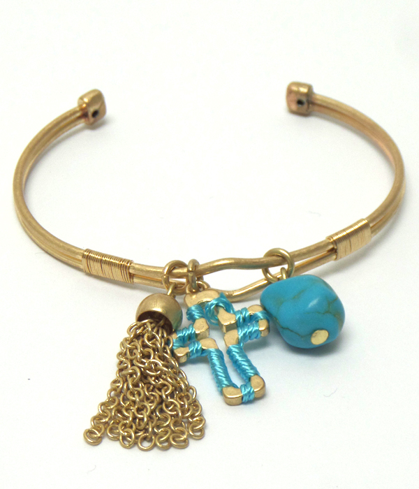 STONE AND TASSEL CHARM CUFF BRACELET