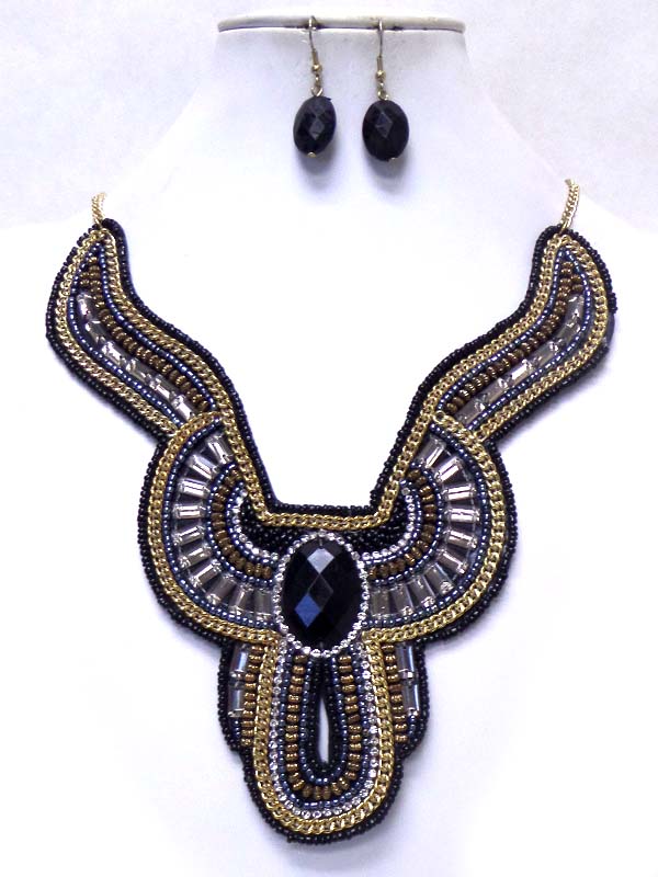 Multi beads with stone bib necklace set