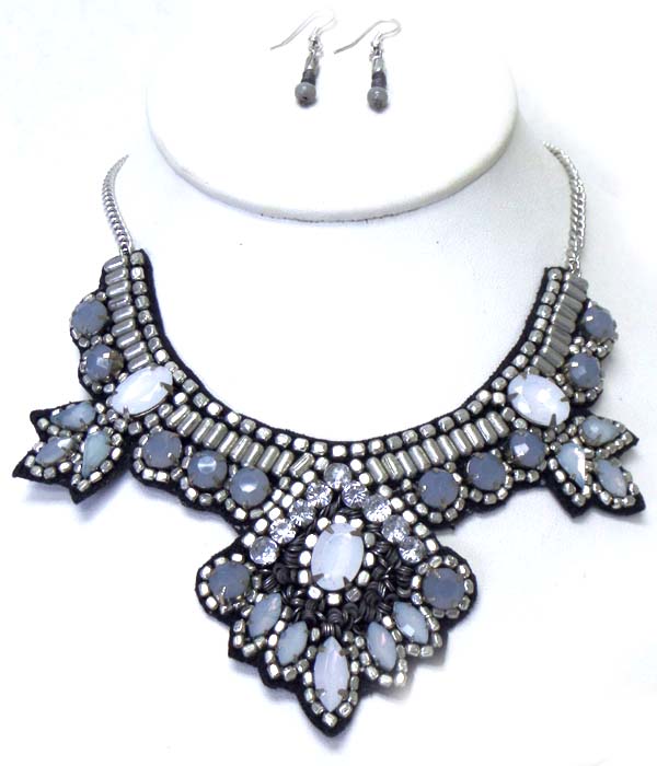 Bib style flower with stones necklace set