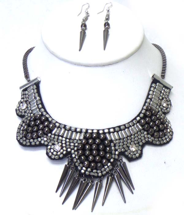 Multi dark stones  bib style with pointy drop necklace set