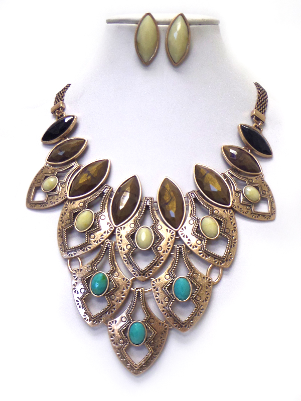 Facet stone on metal filigree statement necklace set
