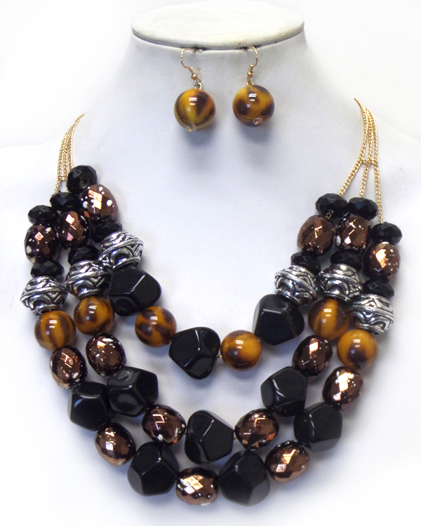 Multi stone and metal bead mix 3 layer necklace set