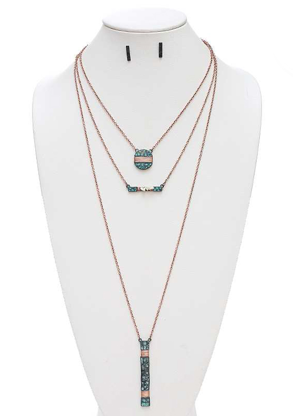 Handmade triple layer metal bar and disk necklace set