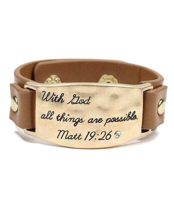 Handmade and religious inspired leather band bracelet - matt 19:26