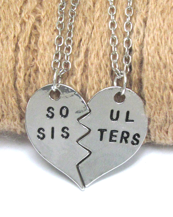 Love message two broken heart pendant necklace - soul sisters -valentine