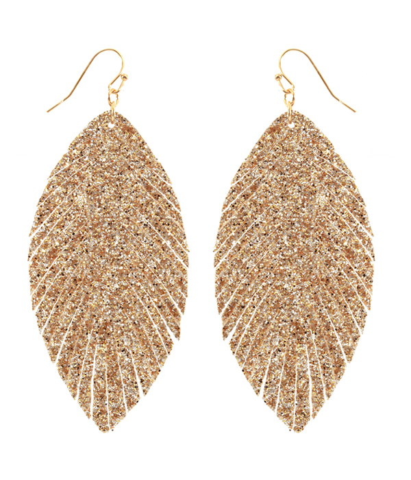 FAUX LEATHER GLITTER FEATHER EARRING
