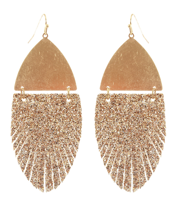METAL AND FAUX LEATHER GLITTER FRINGE EARRING