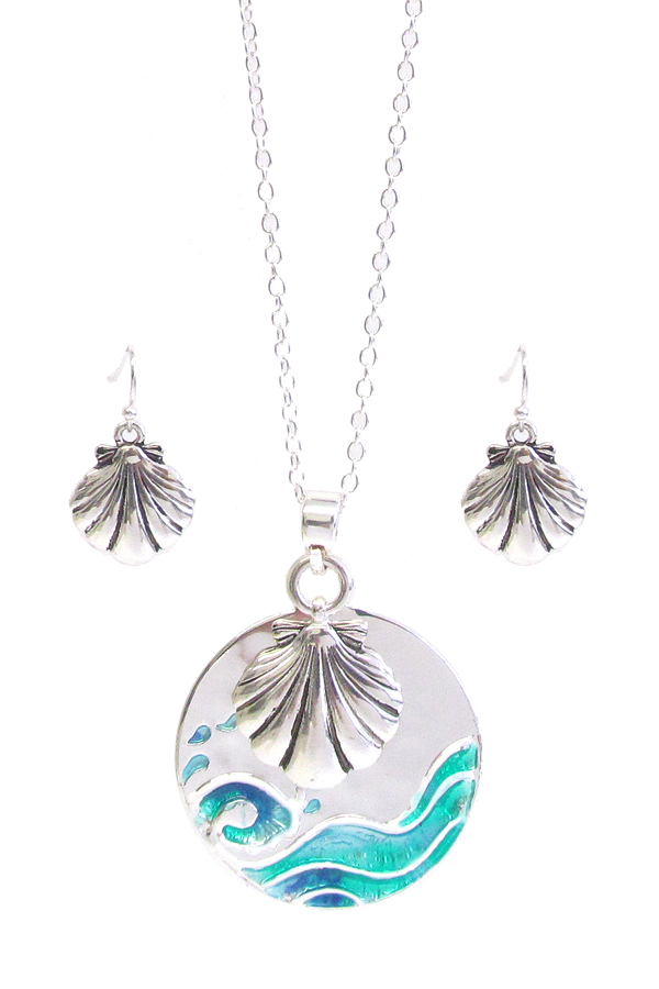 SEALIFE THEME DISC PENDANT NECKLACE SET - SHELL