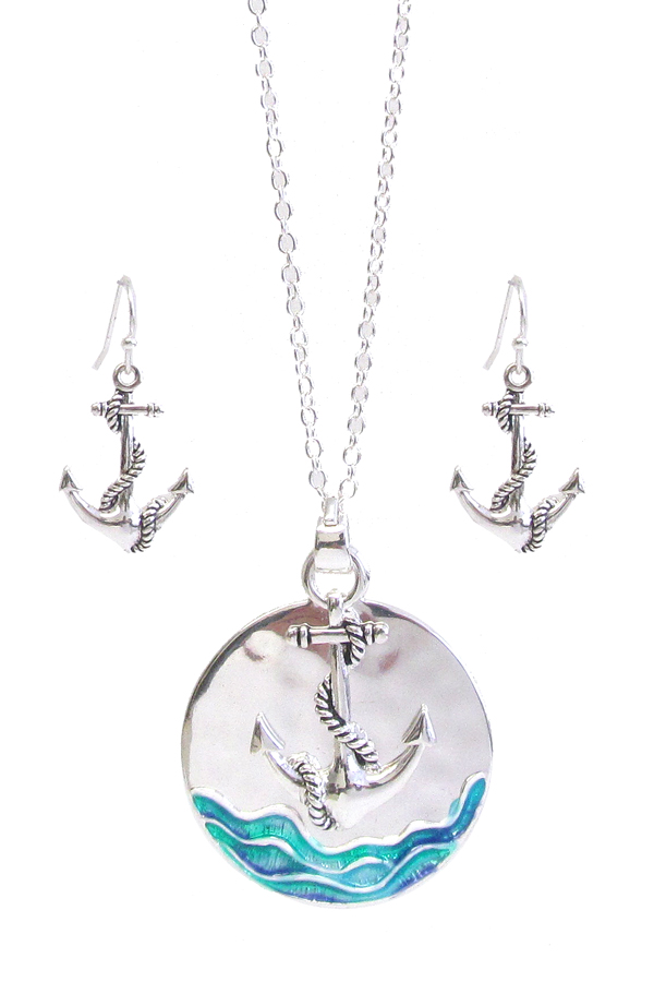 Sealife theme disc pendant necklace set - anchor