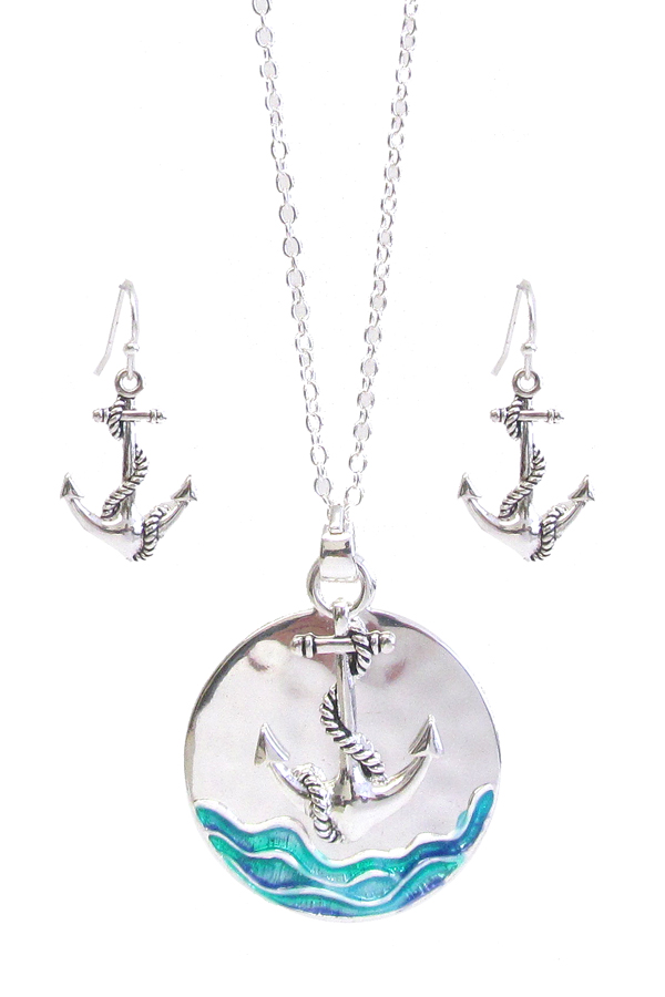 SEALIFE THEME DISC PENDANT NECKLACE SET - ANCHOR