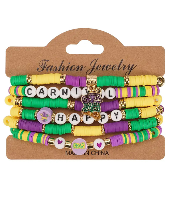 Mardi gras theme stackable stretch bracelet set