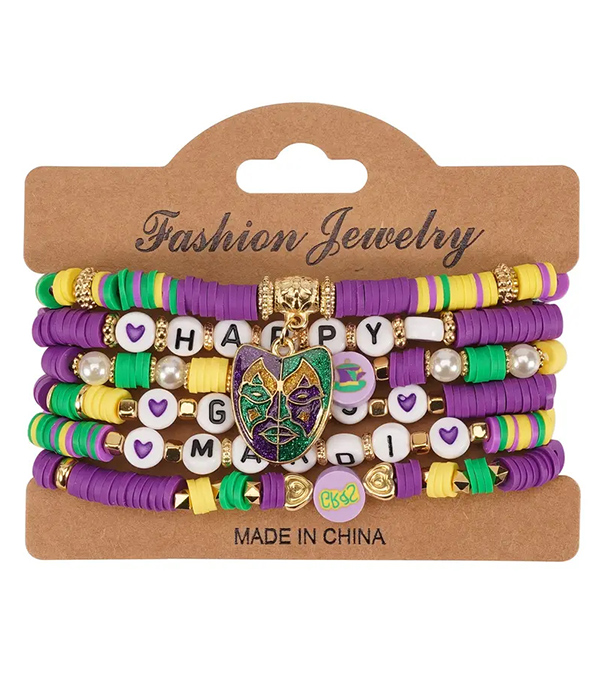 Mardi gras theme stackable stretch bracelet set