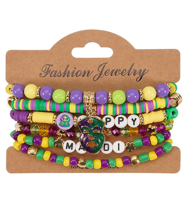 Mardi gras theme stackable stretch bracelet set