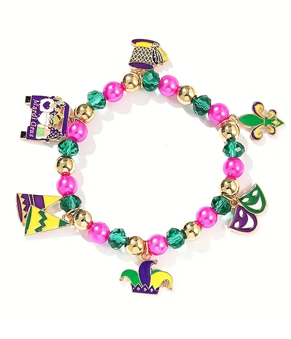 Mardi gras theme multi charm stretch bracelet